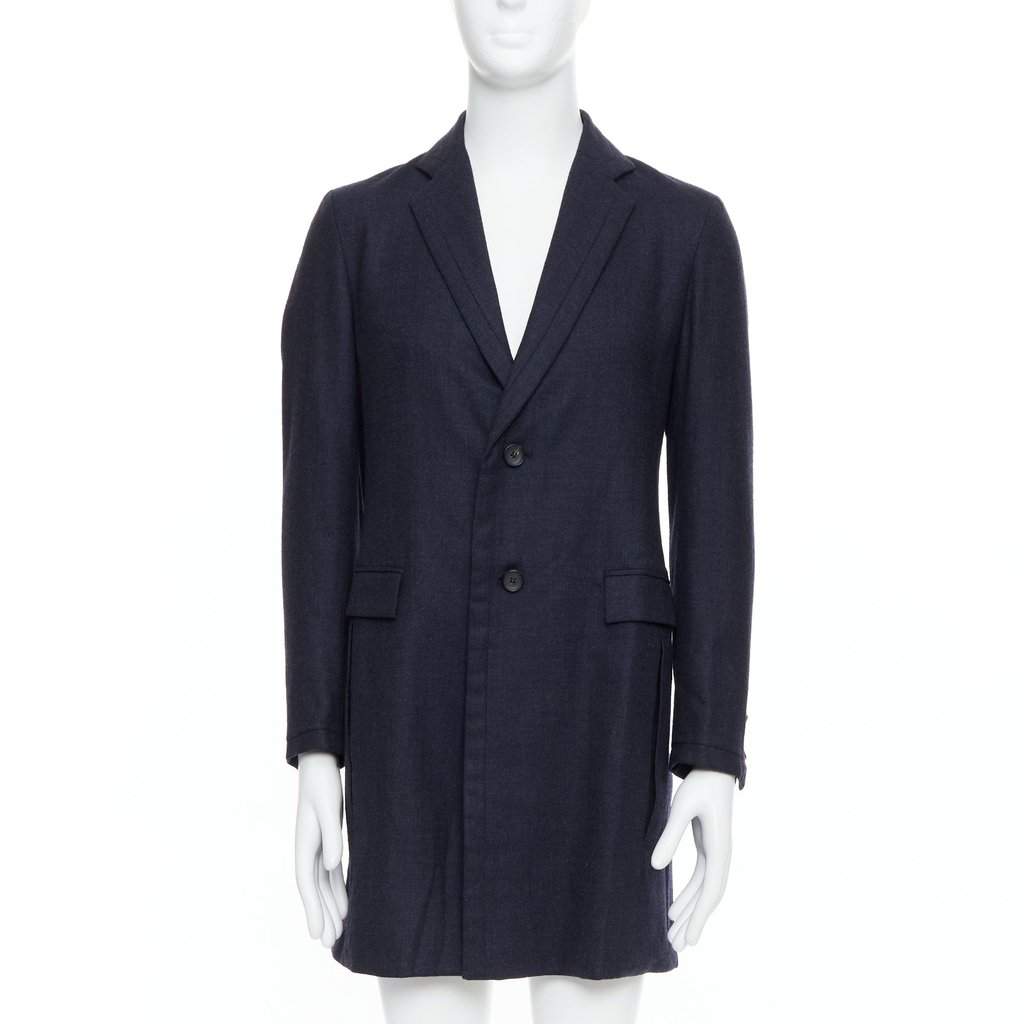 Giuliano Fujiwara Grey Checked Boxy Coat Navy Wool Good - Front View