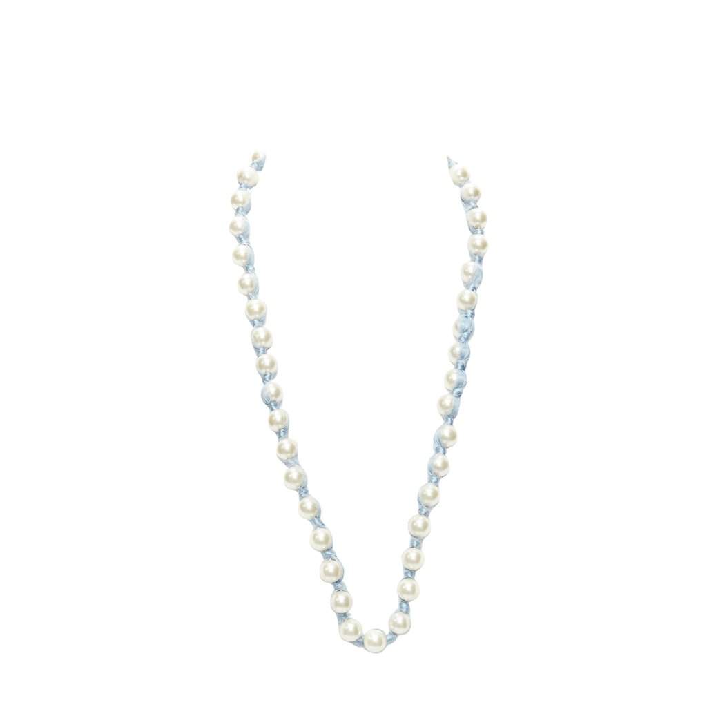 Lanvin Silk Ribbon Necklace Blue Pearl Never worn - Front View