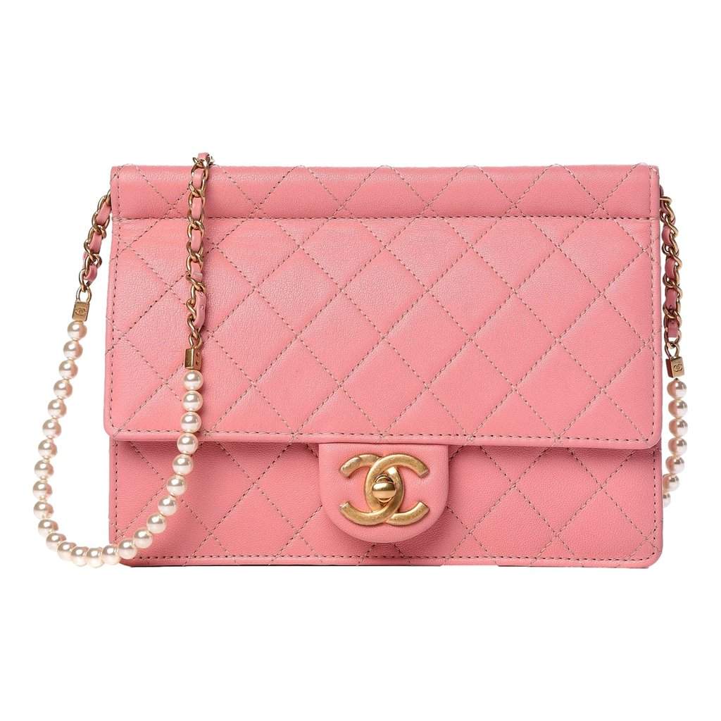 Chanel Chanel Pink Quilted Lambksin Pearl Chain Crossbody Handbag Pink Leather Good condition - Front View