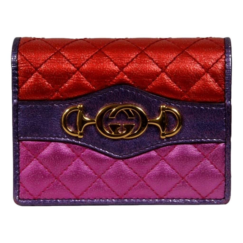 Gucci Gucci Zumi Nappa Trapunata Quilted Card Case Wallet Metallic Red Purple Red Leather Good condition - Front View