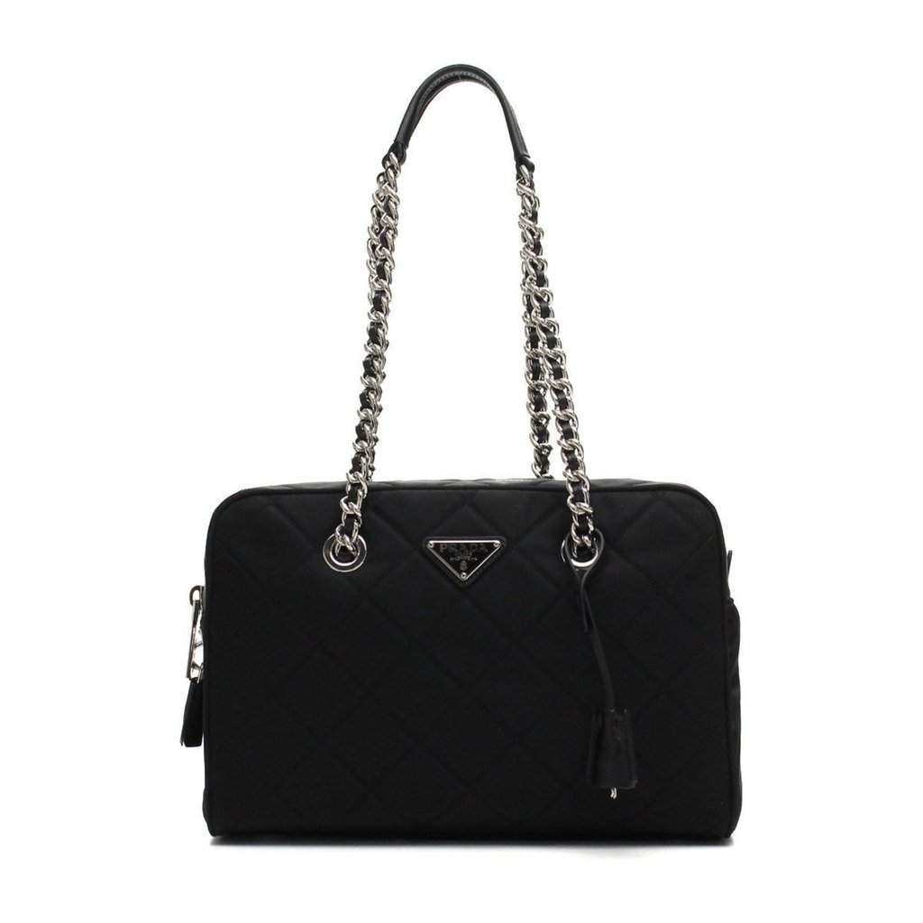 Prada Prada Black Quilted Tessuto Nylon Shoulder Bag Chain Handles Lock and Key Black Leather Never worn - Front View