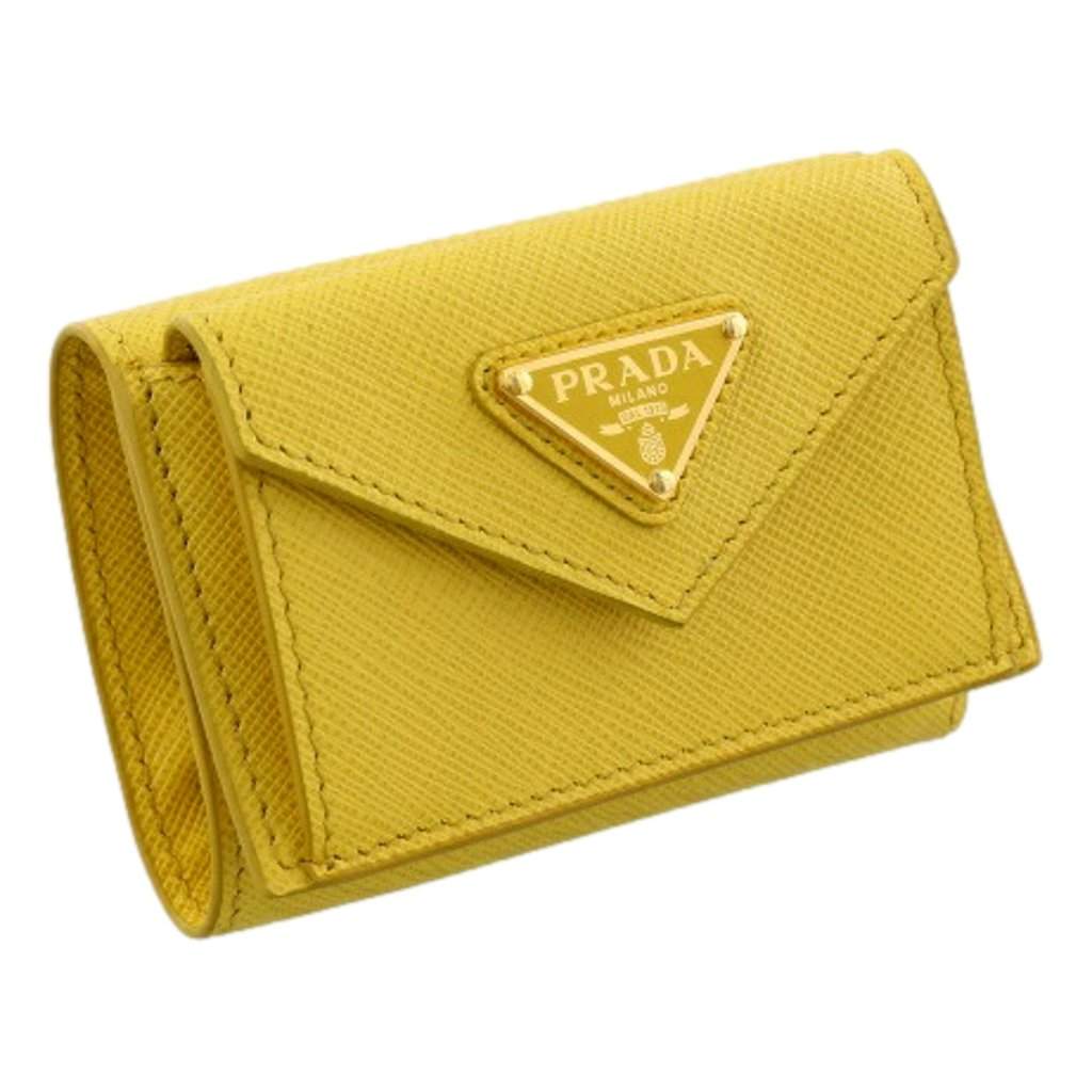 Prada Prada Womens Tri-Fold Saffiano Leather Wallet Sole Yellow Triangle Logo Yellow Leather Never worn - Front View