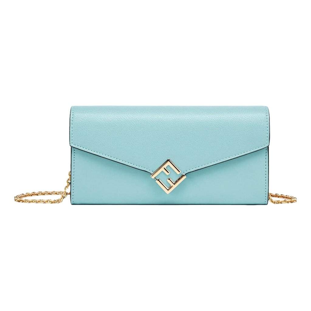 Fendi Fendi FF Diamonds Light Blue Calfskin Leather Continental Wallet on Chain Gold Hardware Blue Leather Never worn - Front View
