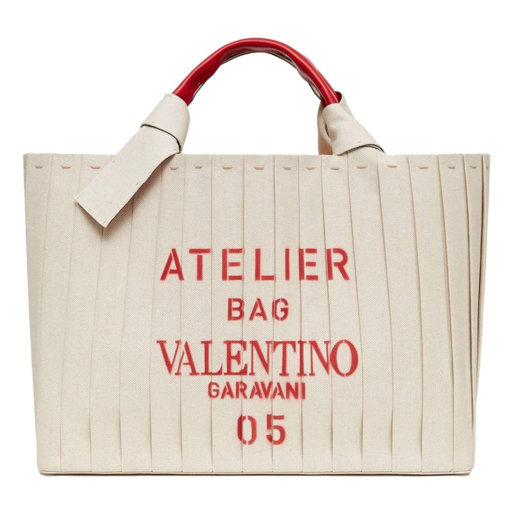 Valentino Garavani Valentino Garavani 05 Plissé Edition Sac Atelier Large Canvas Tote Bag Beige Red Trim Beige Leather Never worn - Front View