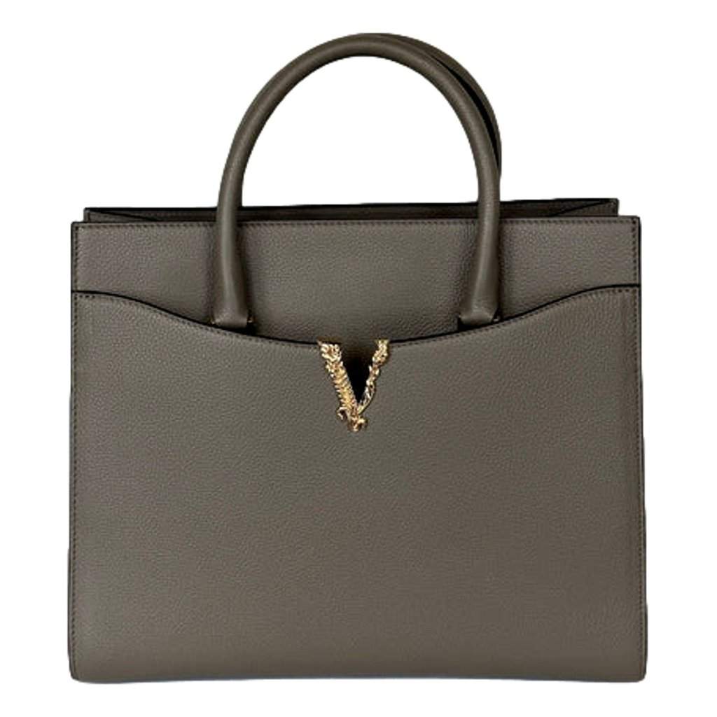 Versace Versace Virtus Medium Top Handle Tote Taupe Grey Calfskin Leather Handbag Green Leather Never worn - Front View