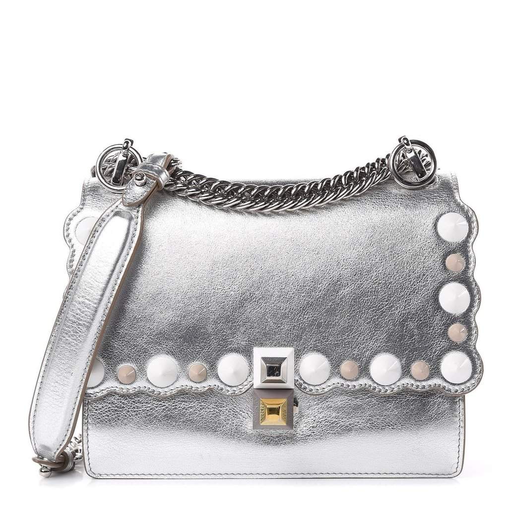 Fendi Fendi Kan I Metallic Silver Calfskin Scalloped Studded Bag Silver Leather Never worn - Front View