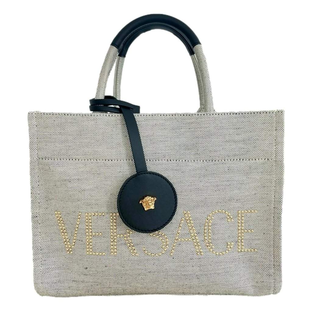 Versace Versace Studded Logo Mini Tote Ecru Canvas Crossbody Bag Gold Hardware Silver Leather Never worn - Front View