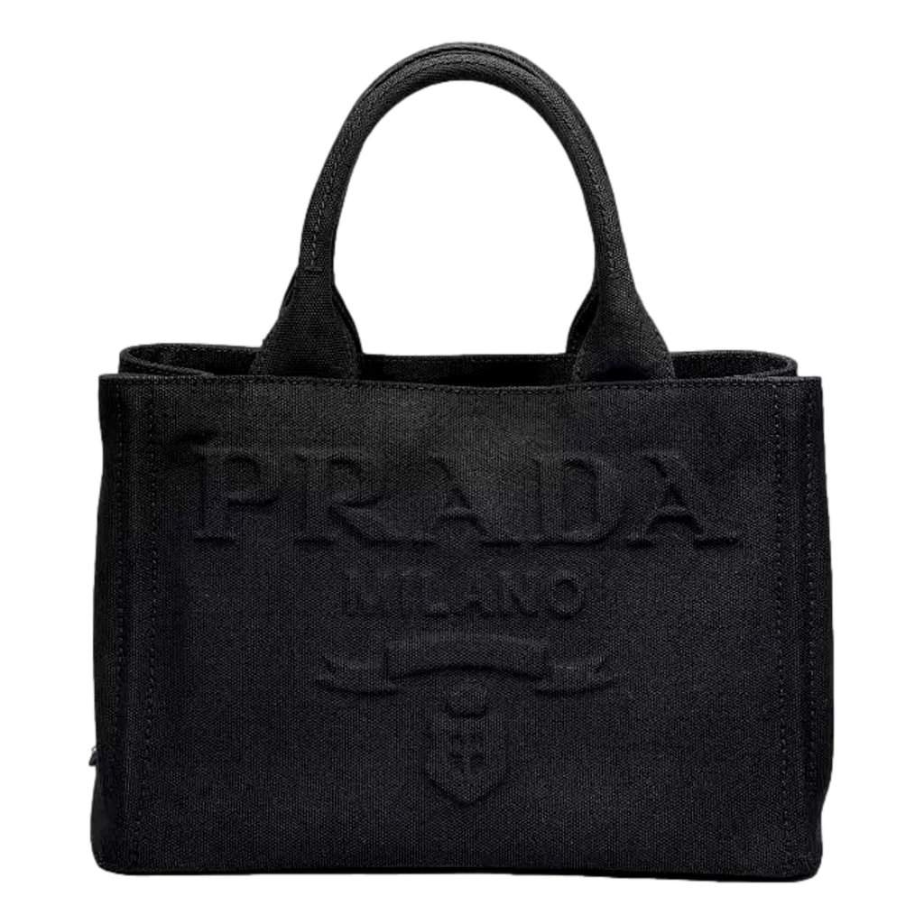 Prada Prada Canapa Tote Handbag Canvas Embossed Lettering Logo Fabric Black Black Canvas Never worn - Front View