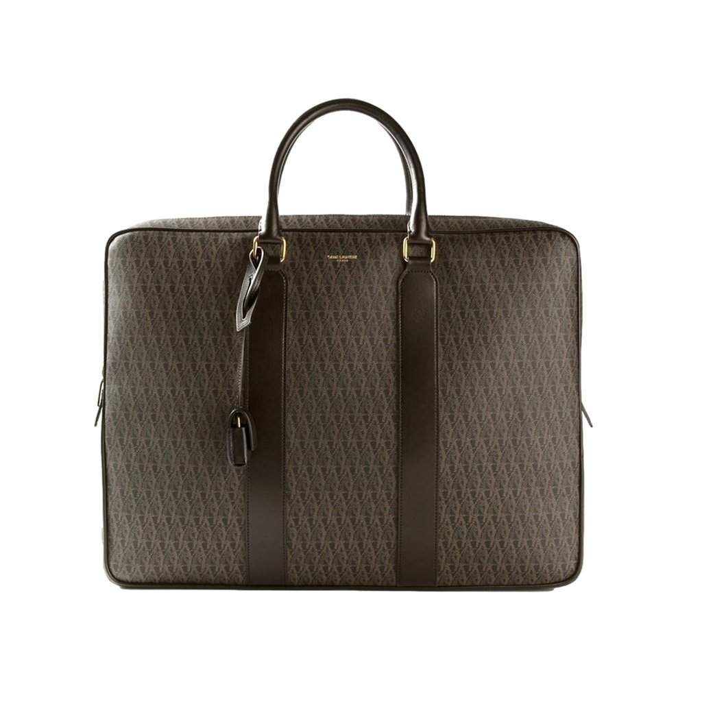 Saint Laurent Saint Laurent Monogram Large Luggage Case Bag Dark Brown Coated Canvas Black Leather Never worn - Front View
