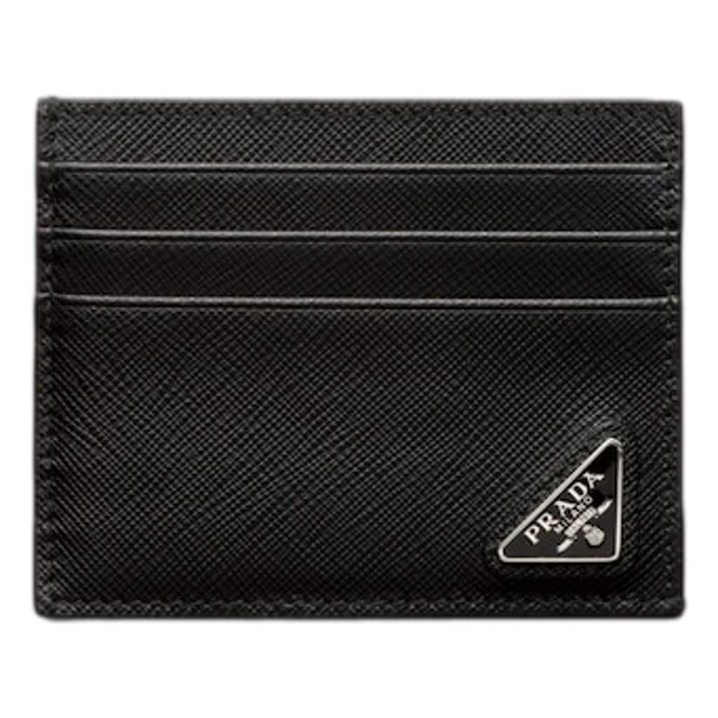 Prada Prada Saffiano Mens Credit Card Wallet Black Nero Silver Triangle Enamel Logo Black Leather Never worn - Front View