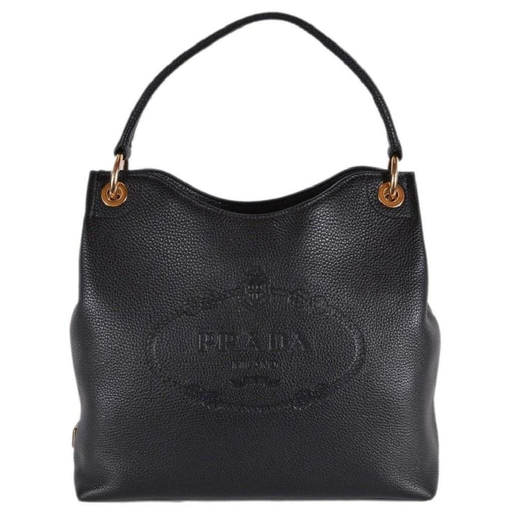 Prada Prada Vitello Phenix Black Leather Embossed Logo Hobo Tote Bag Black Leather Never worn - Front View