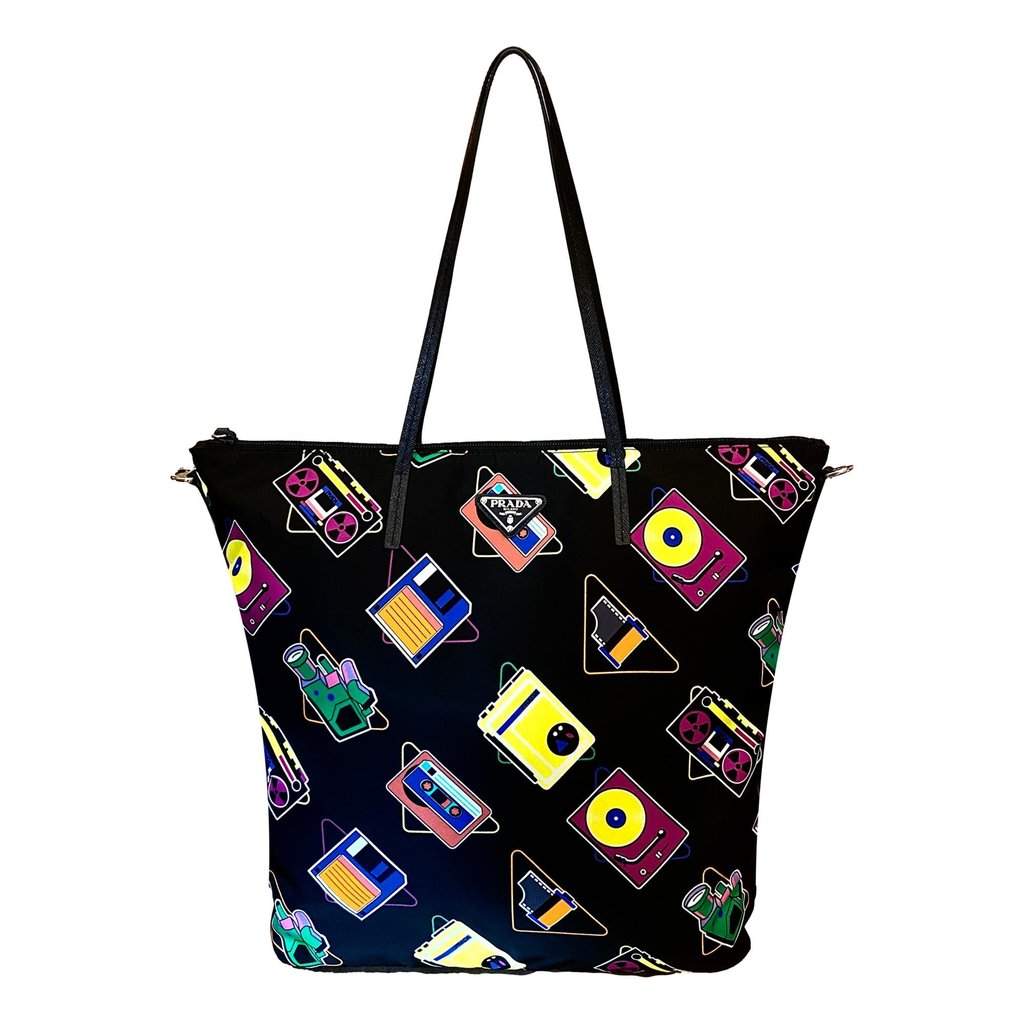 Prada Prada Cassette Print Black Nylon Convertible Shopping Tote Handbag Black Never worn - Front View