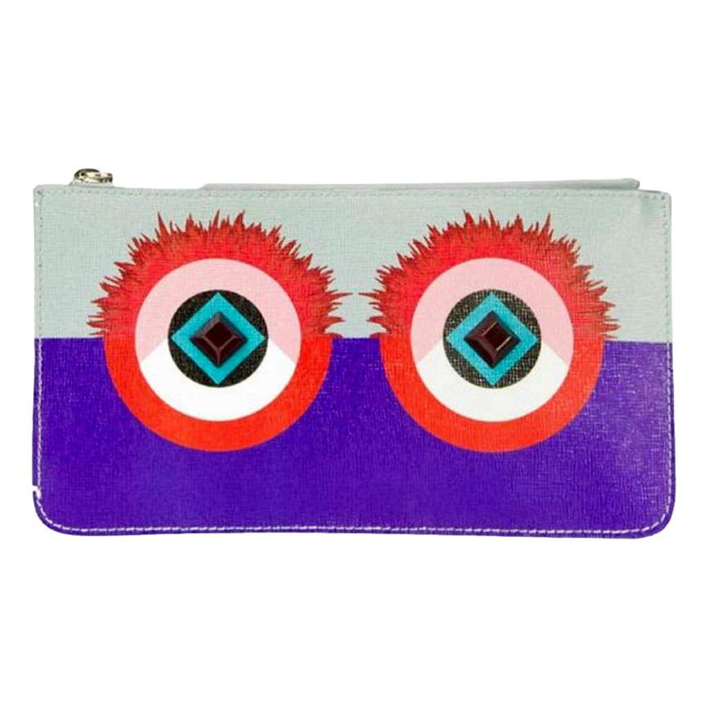 Fendi Fendi Monster Zip Pouch Clutch Cosmetic Bag Travel Purple Blue Leather Purple Leather Never worn - Front View