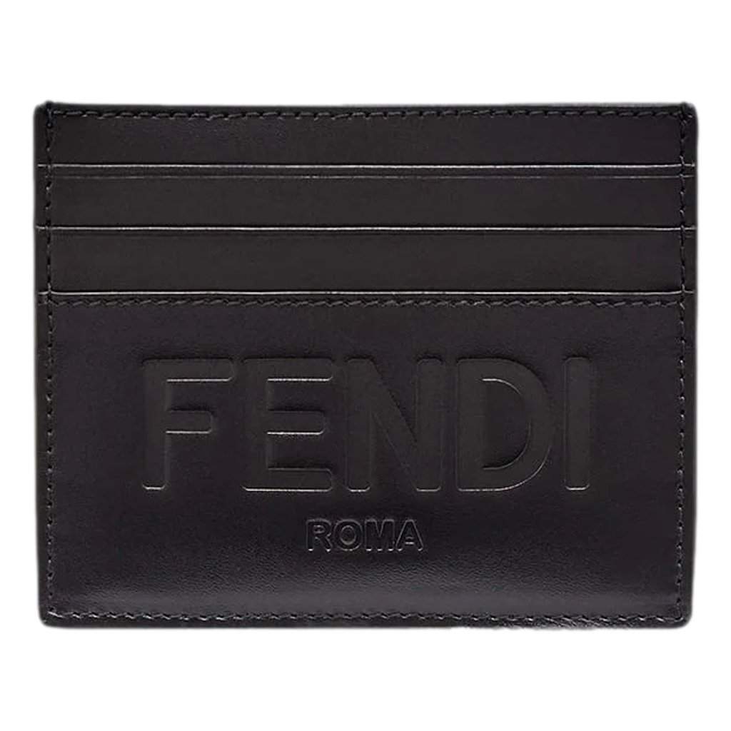 Fendi Fendi Roma Black Calfskin Leather Embossed Logo Card Case Wallet Navy Leather Never worn - Front View
