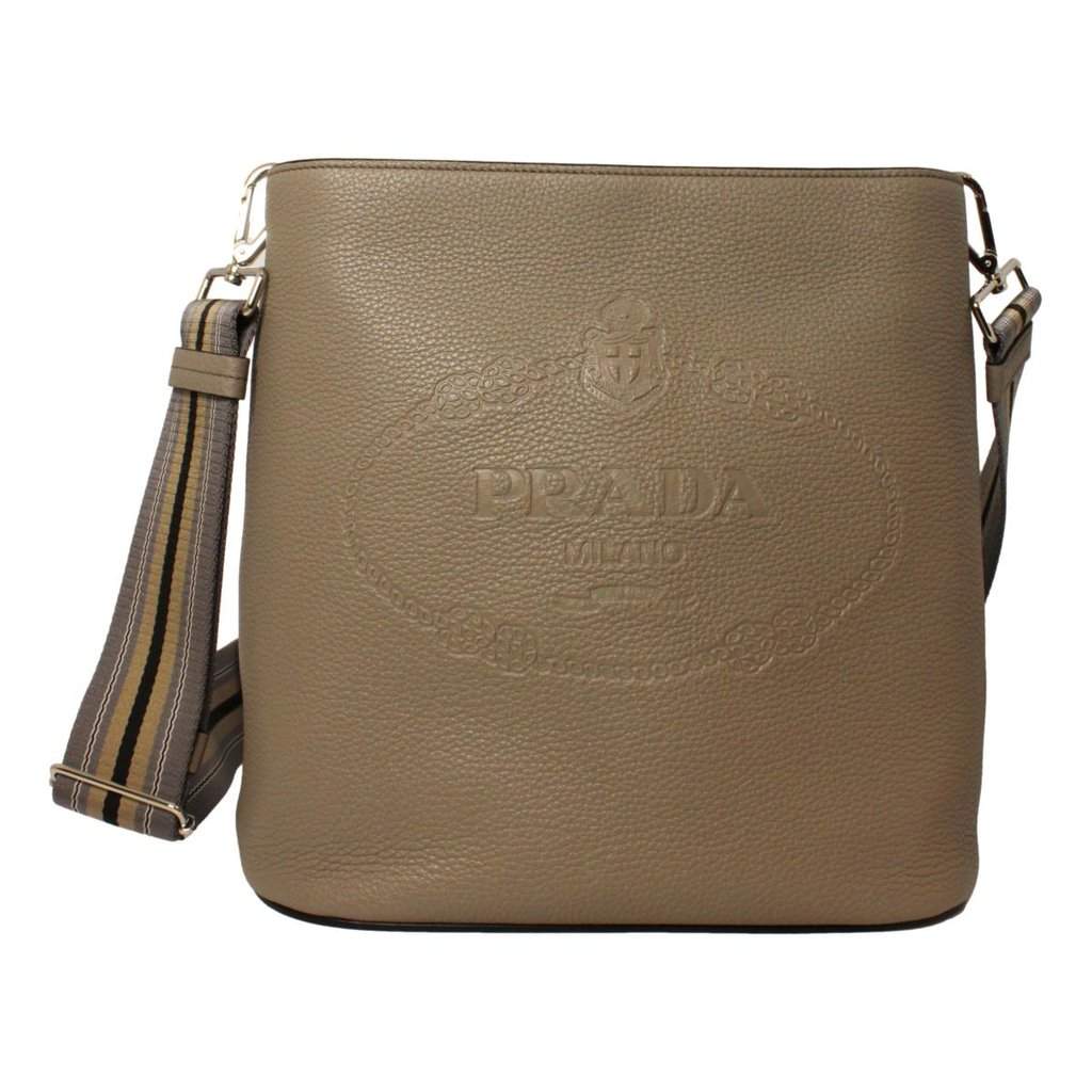 Prada Prada Vitello Phenix Grey Leather Stripe Strap Bucket Bag Crossbody Brown Leather Never worn - Front View