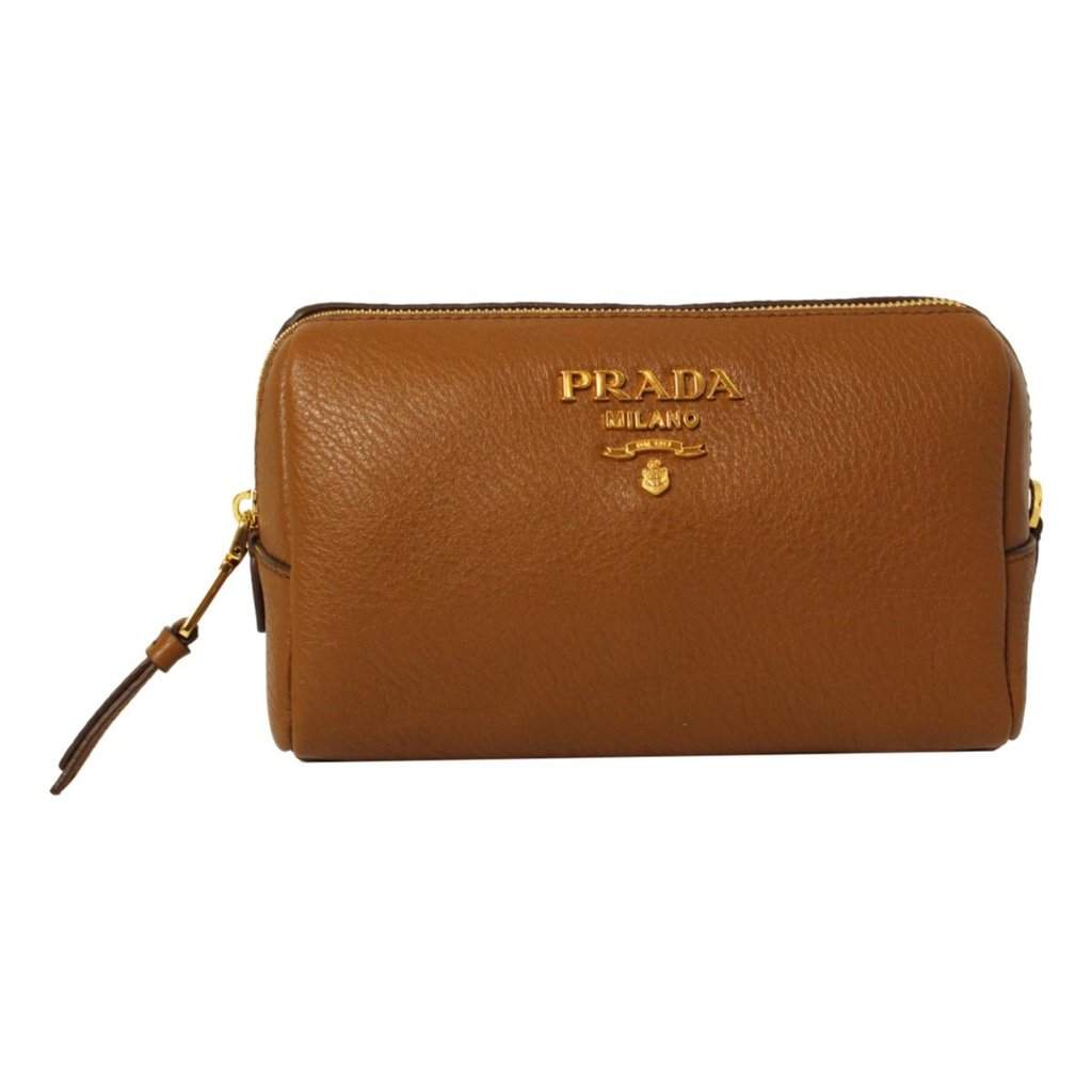 Prada Prada Vitello Daino Cannella Brown Leather Cosmetic Pouch Clutch Bag Brown Leather Never worn - Front View