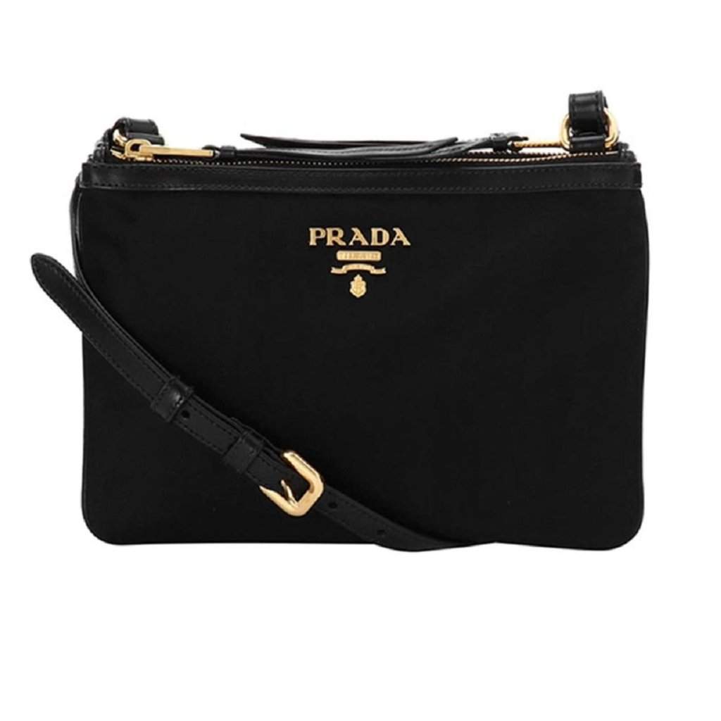 Prada Prada Logo Tessuto Nylon Soft Calf Trim Black Cross Body Bag Black Never worn - Front View