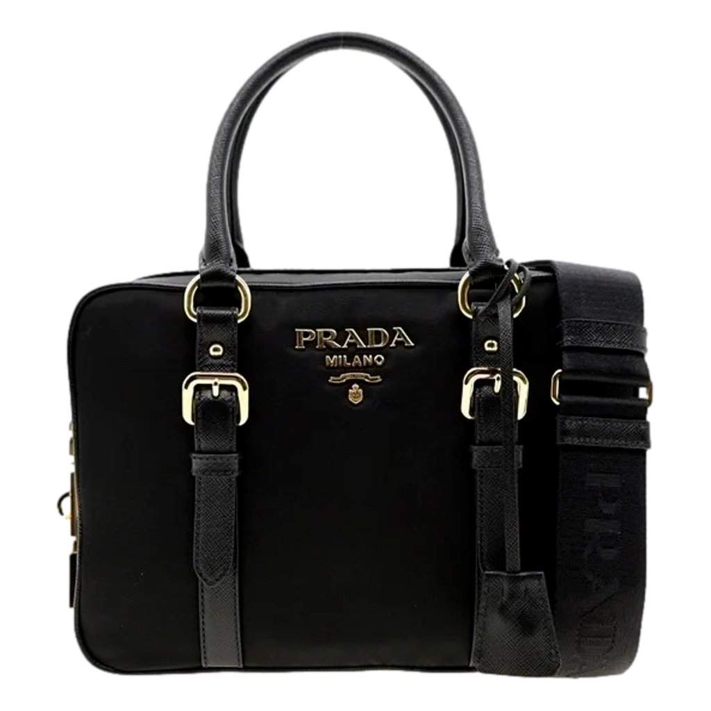Prada Prada Bauletto Tessuto Nylon Saffiano Black Satchel Bag Gold Lock Black Never worn - Front View