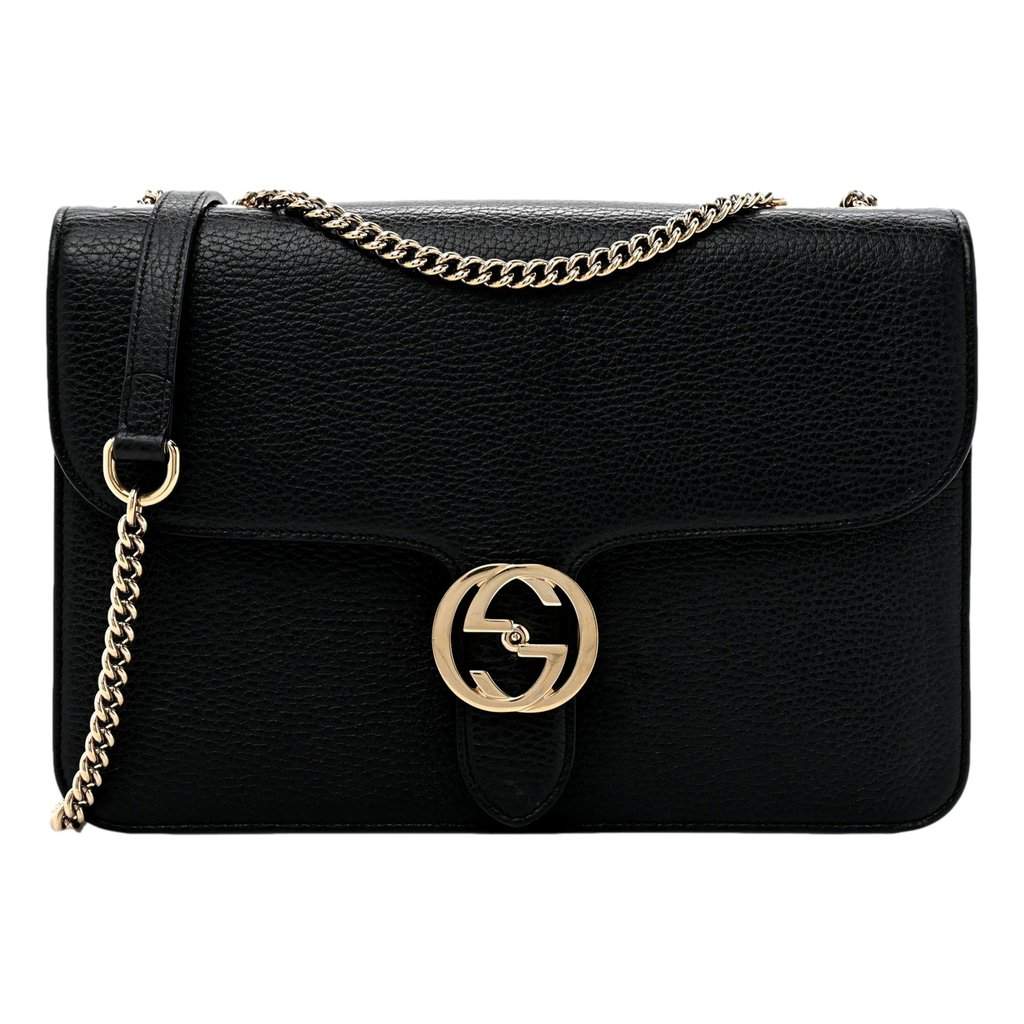Gucci Gucci GG Marmont Crossbody Bag Black Pebbled Leather Gold Chain Interlocking GG Black Leather Never worn - Front View