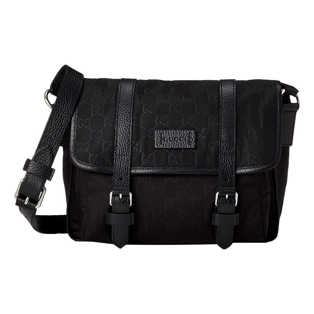 Gucci Gucci GG Monogram Nylon Leather Messenger Bag Black Double Buckle Flap Black Never worn - Front View