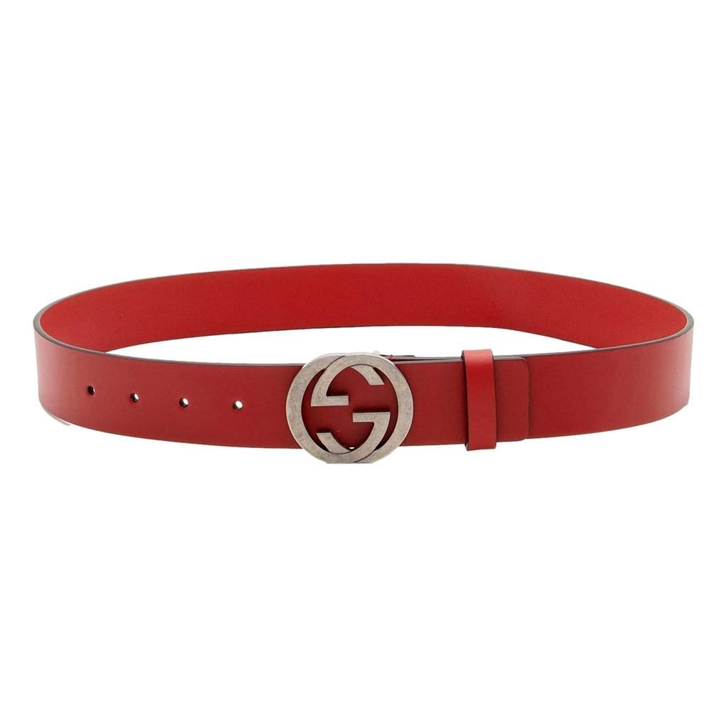 Gucci Gucci Interlocking Leather GG Buckle Antiqued Silver Tone Belt Rosso Red 90/36 Red Leather Never worn - Front View