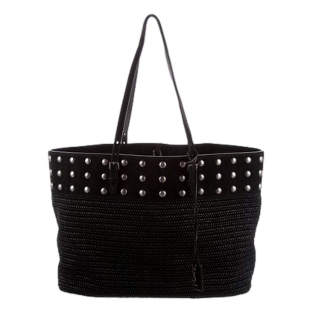 Saint Laurent Saint Laurent Boucle Studded Black Raffia Leather Shopping Tote Black Leather Never worn - Front View