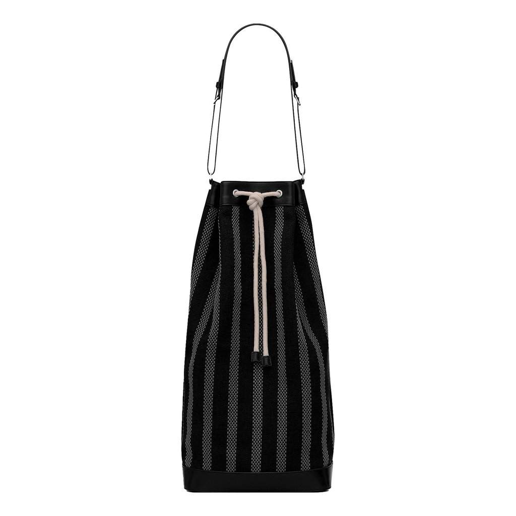 Saint Laurent Saint Laurent Canvas Leather Trim Oversized Drawstring Bucket Bag Black Black Leather Never worn - Front View