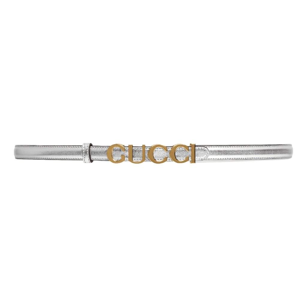 Gucci Gucci Silver Leather Belt with Metal Gold Logo Lettering Size 75 Silver Leather Never worn - Front View