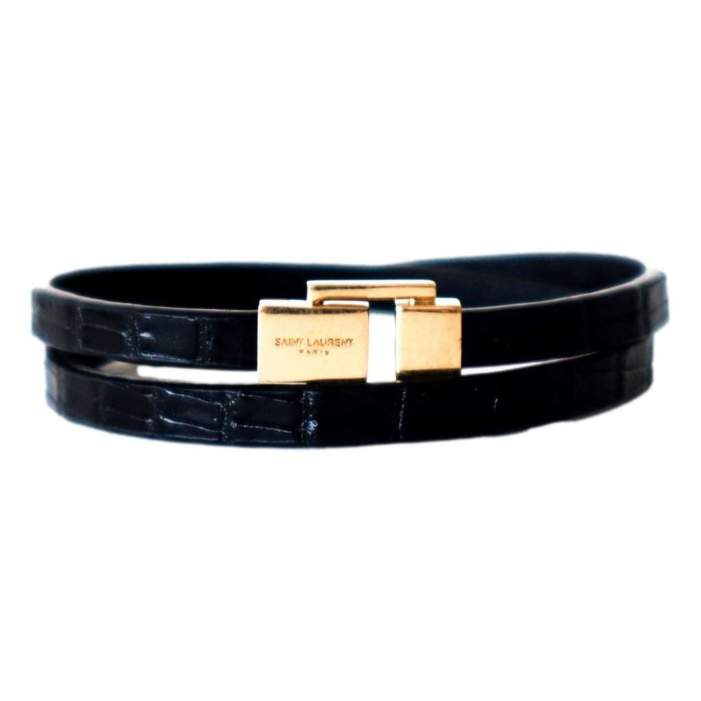Saint Laurent Saint Laurent Black Leather Thin Wrap Bracelet with Gold-Tone Engraved Clasp Black Leather Never worn - Front View