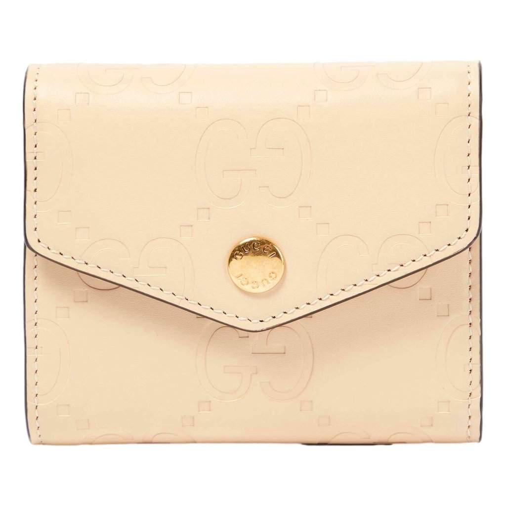 Gucci Gucci Gilbert GG Embossed Calf Leather Beige Trifold Wallet Gold Logo White Leather Never worn - Front View