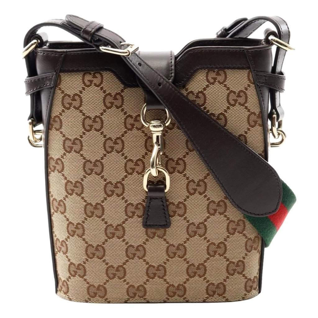 Gucci Gucci Original GG Canvas Beige Brown Webstripe Mini Bucket Bag Brown Leather Never worn - Front View