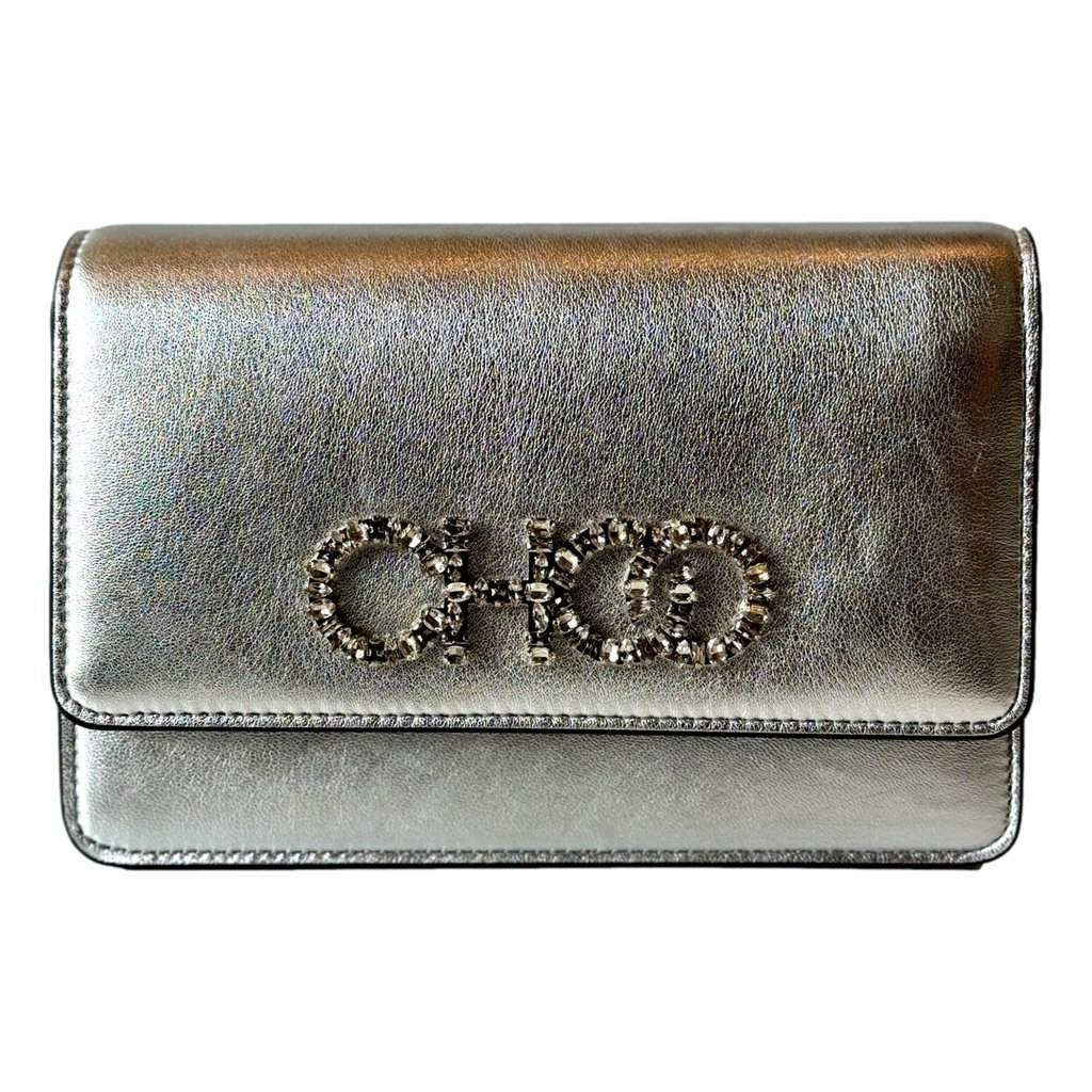Jimmy Choo Jimmy Choo Kalina Crossbody Clutch Bag Crystal Logo Metallic Silver Silver Leather Never worn - Front View