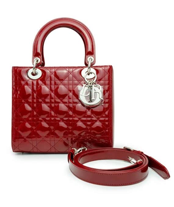 Dior Cherry Red Color Cannage Patent Leather Medium Lady Dior Satchel Bag Red Leather Never worn - Front View