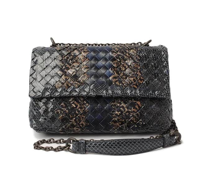 Bottega Veneta Grey/Navy Blue Intrecciato Snakeskin Olimpia Shoulder Bag Grey Leather Very good - Front View