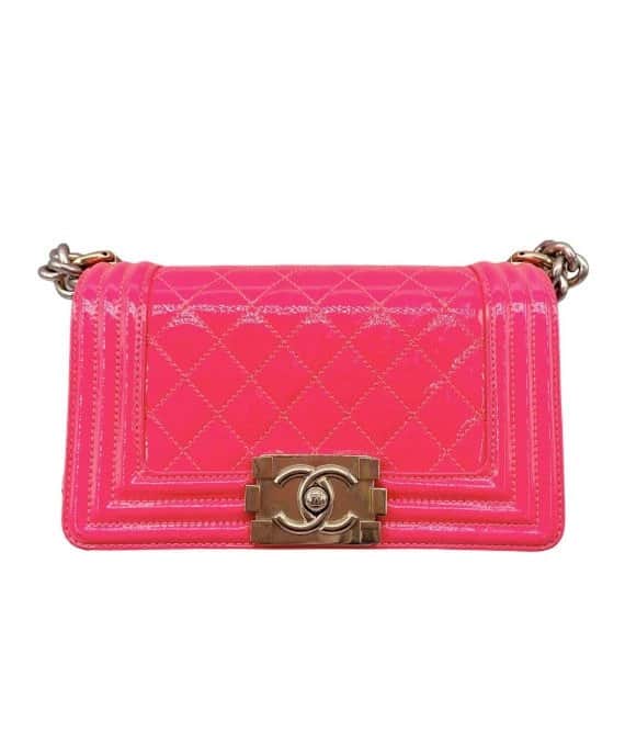 Chanel Neon Pink Small Boy Bag in Patent Leather with Gold Hardware Pink Leather Good - Front View