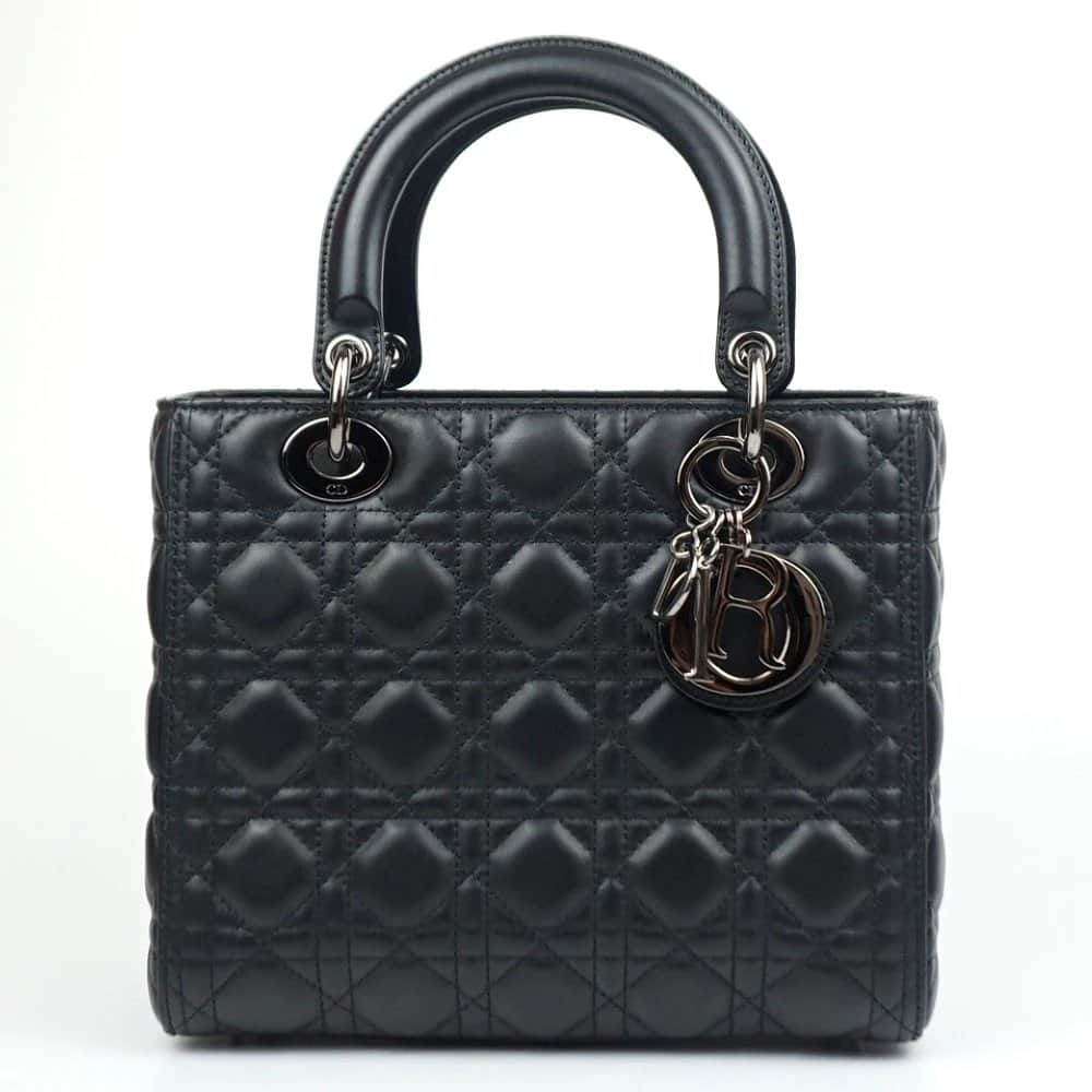 Dior Black Color Cannage Lambskin Leather Medium Lady Dior Satchel Bag Black Leather Very good - Front View