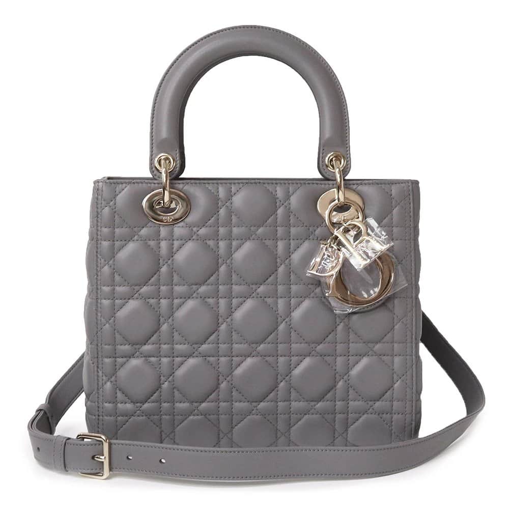 Dior Grey Color Cannage Lambskin Leather Medium Lady Dior Satchel Bag Grey Leather Never worn - Front View