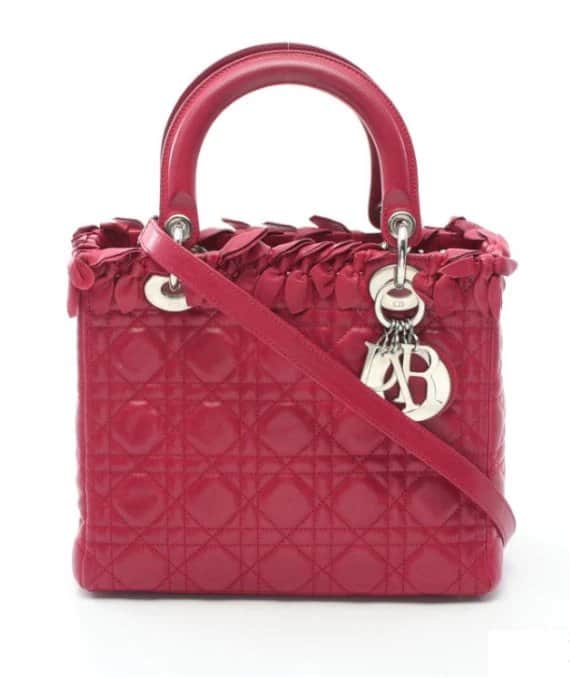 Dior Lambskin Cannage Pink Bow Lady Dior Fuchsia Pink Leather Good - Front View