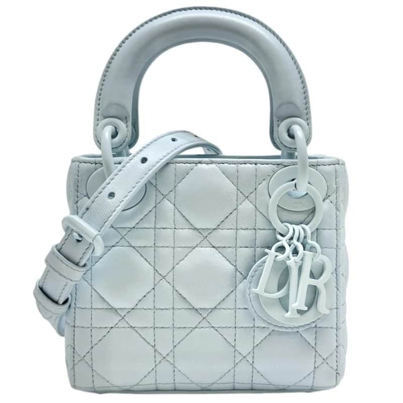 Dior Light Blue Cannage Leather Micro Lady Dior Bag with Light Blue Metal Fittings Blue Leather Very good - Front View