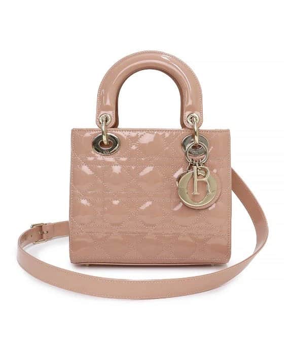 Dior Rose Des Vents Patent Cannage Calfskin Leather Medium Lady Dior Satchel Bag Pink Leather Very good - Front View