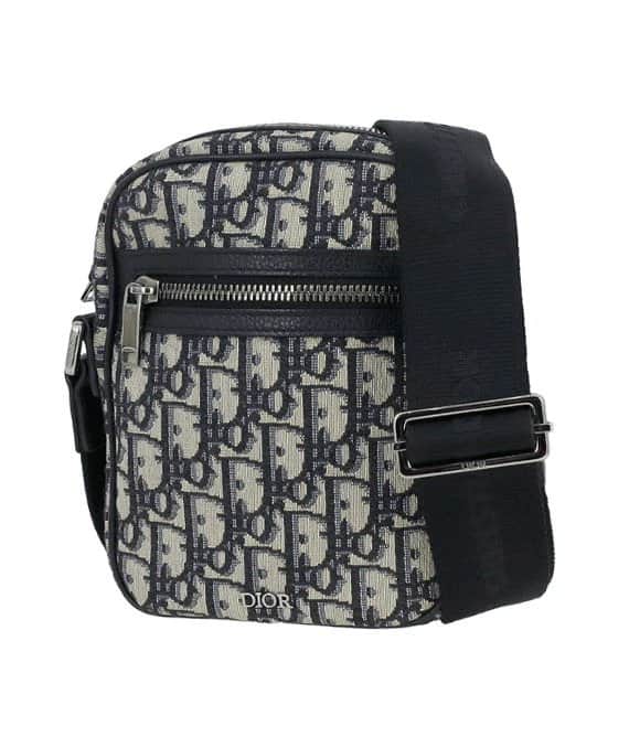 Dior Beige Navy Oblique Jacquard Canvas Leather Mini Crossbody Men's Bag Beige Leather Very good - Front View