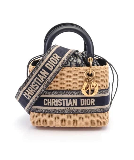 Dior Navy Blue Wicker Oblique Medium Lady Dior Handbag Blue Good - Front View