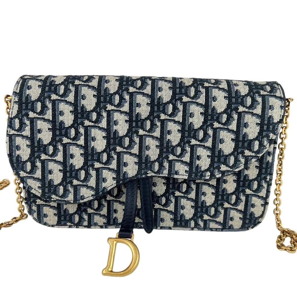 Dior Saddle Wallet on Chain in Blue Dior Oblique Jacquard Blue Never worn - Front View
