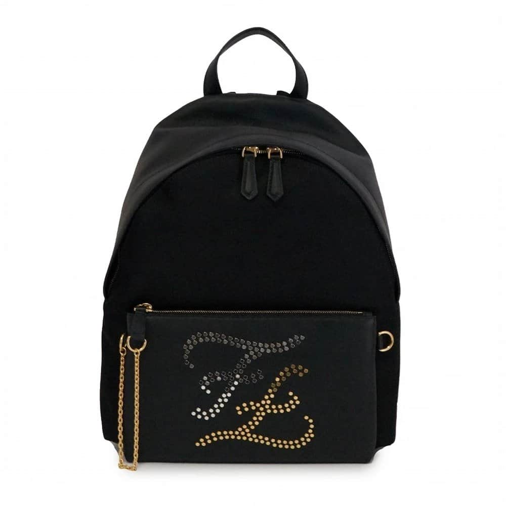 Fendi Black Nylon Calligraphy Embellished Logo Backpack Black Very good - Front View