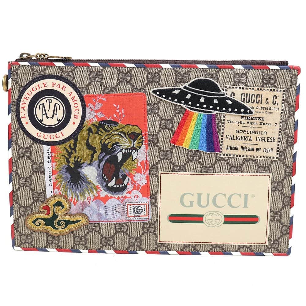 Gucci Beige GG Supreme Coated Canvas Courier Wristlet Pouch Beige Canvas Never worn - Front View