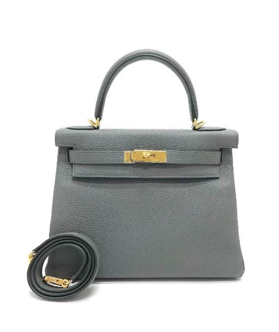 Hermès (Stamp U) Size 28 Togo leather Kelly in Vert Amande Gray Color with Gold Hardware Grey Leather Never worn - Front View