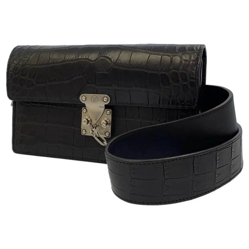 Louis Vuitton Black Crocodile Alligator Leather Waist Belt Bag Black Leather Very good - Front View