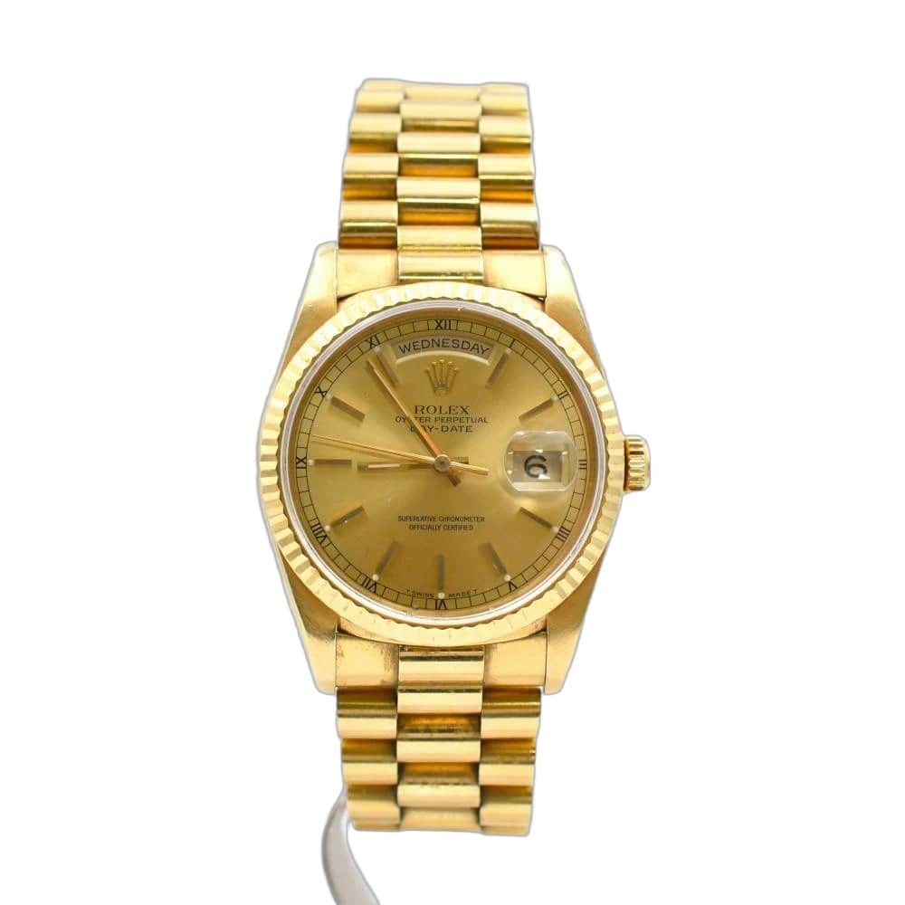 Rolex Champagne 18k Yellow Gold Day-Date 18038 Automatic Men's Wristwatch Beige Good - Front View