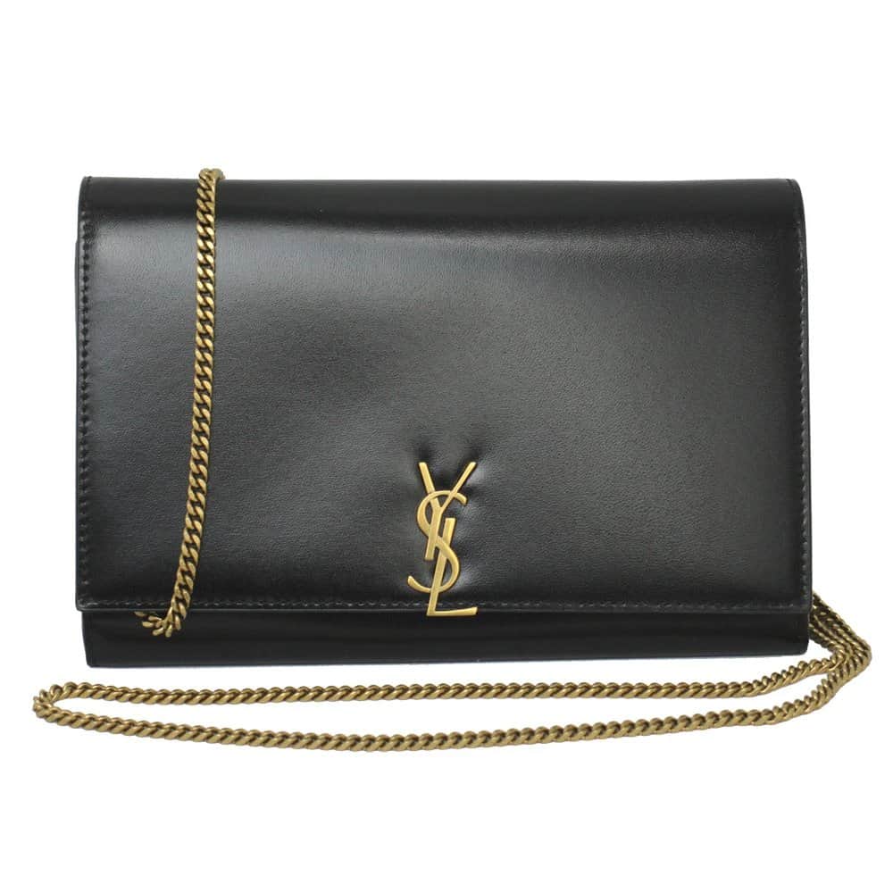 Saint Laurent Black Glossy Calfskin Monogram Chain Wallet Black Leather Very good - Front View