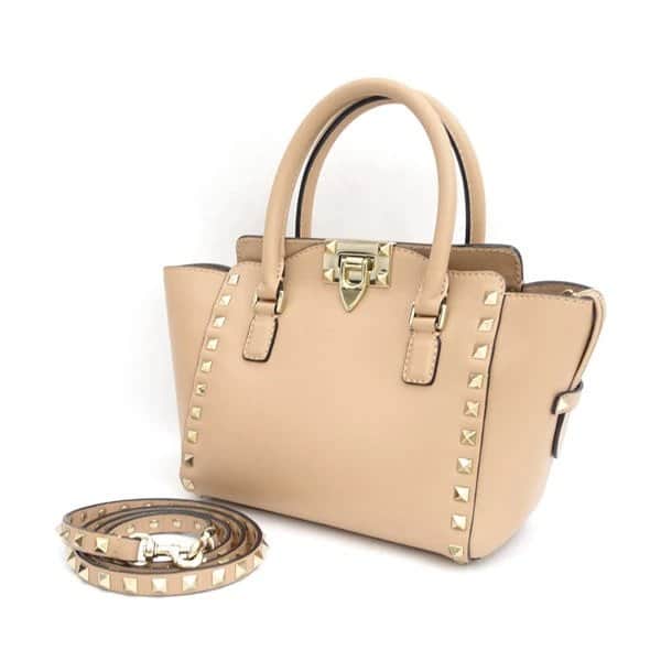 Valentino Garavani Beige Leather Mini Rockstud Trapeze Tote Beige Leather Very good - Front View